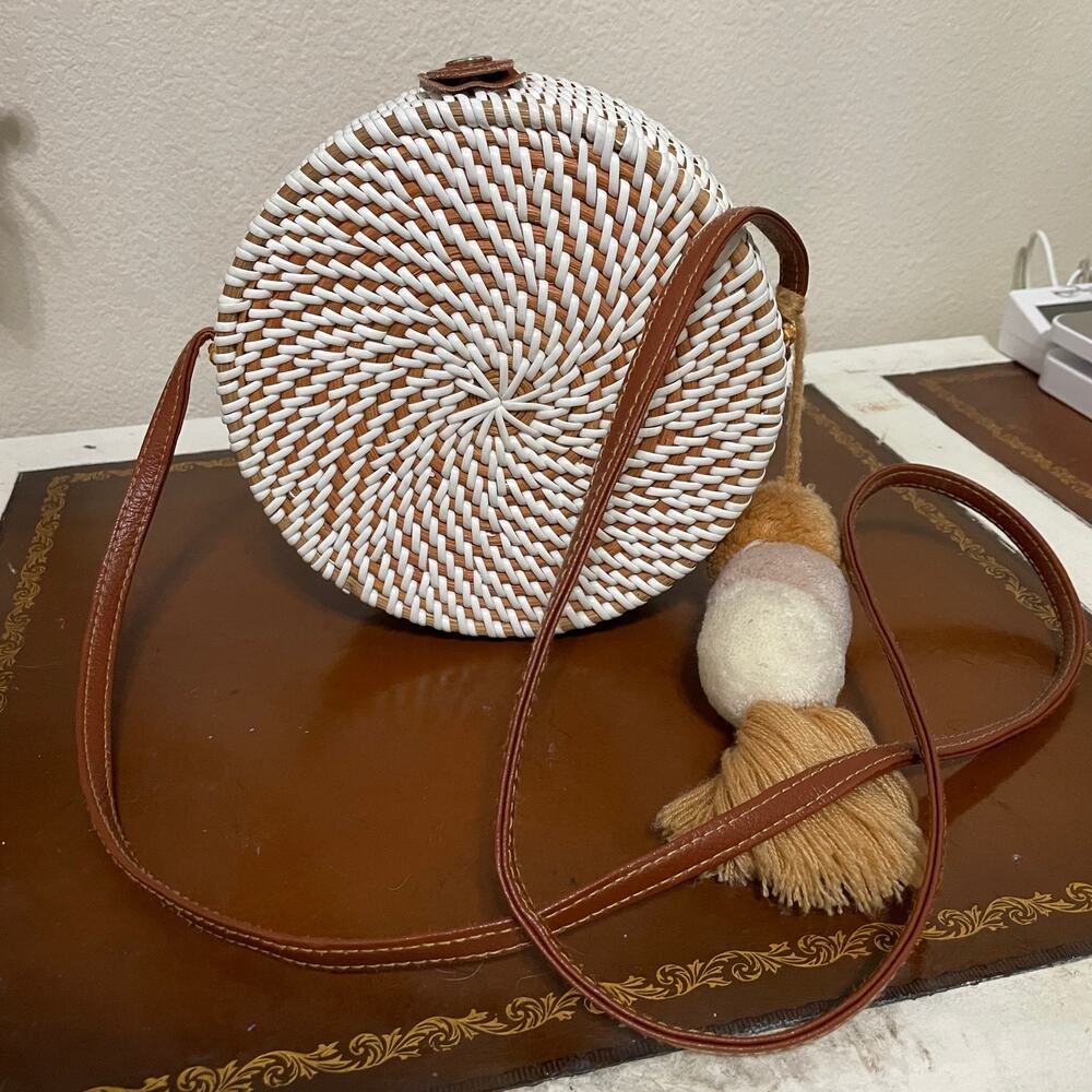 Round Rattan Woven Crossbody with Pom Pom Tassel